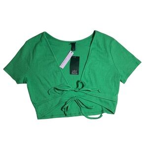 Wild Fable Green Ribbed Short Sleeve Double Tie Versatile Crop Top NWT Size L